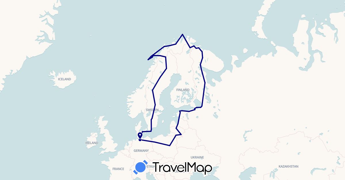 TravelMap itinerary: driving in Germany, Denmark, Estonia, Finland, Lithuania, Latvia, Norway, Poland, Russia, Sweden (Europe)